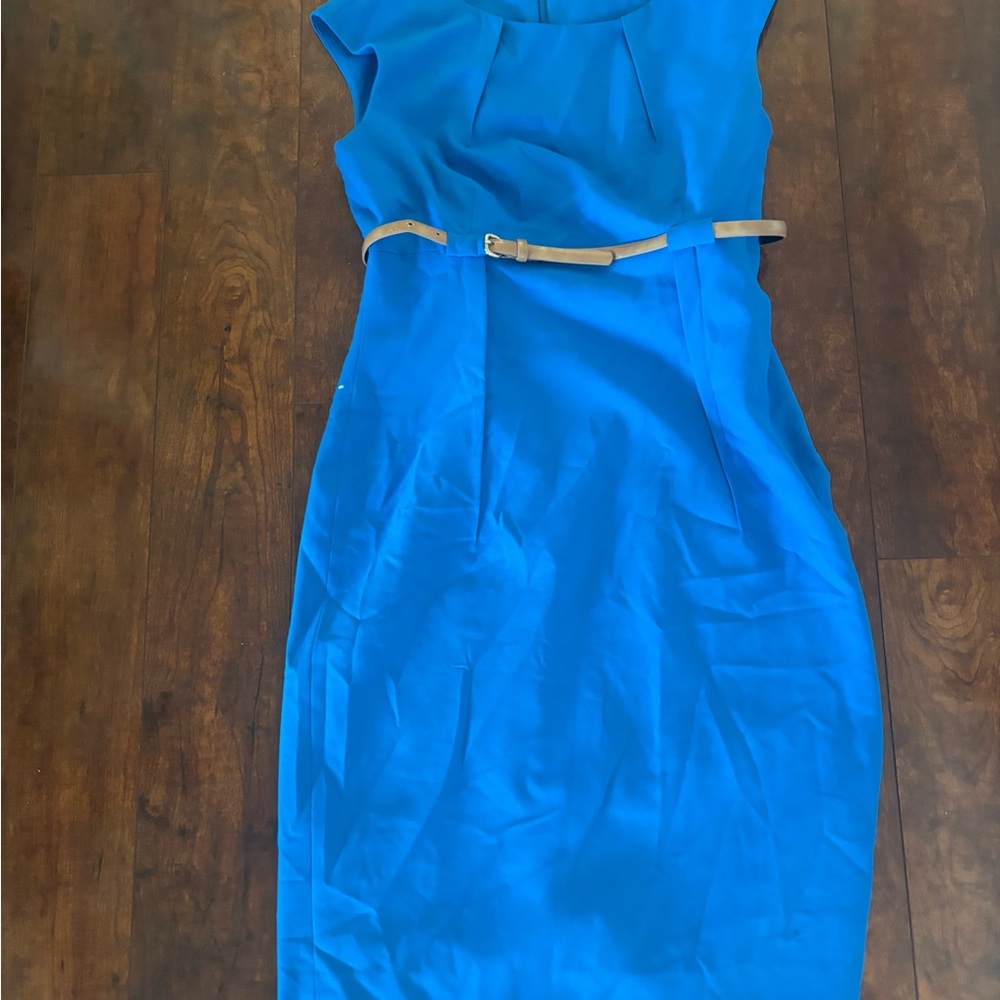 Calvin Klein Blue Sheath Knee Length Dress Belted Boat Neck Cap Sleeve Zip 8